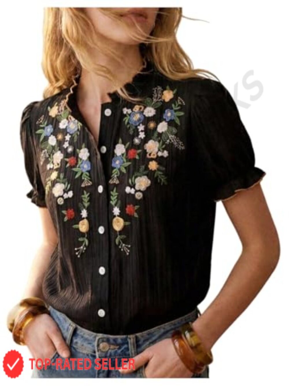Floral Embroidered Button Down Short Puff Sleeve Blouse
